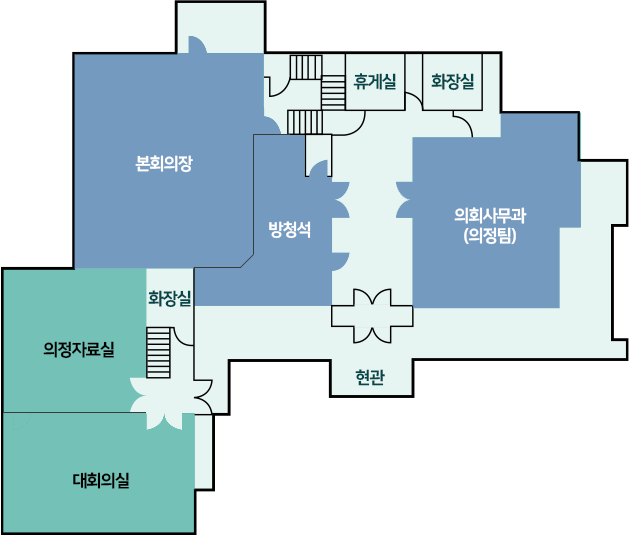 왼쪽 위부터 본회의장, 보일러실, 방청석, 화장실, 의회사무과, 현관, 의원휴게실, 의원실